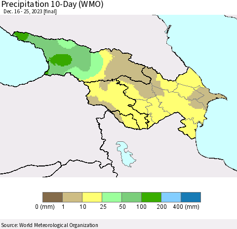 Azerbaijan, Armenia and Georgia Precipitation 10-Day (WMO) Thematic Map For 12/16/2023 - 12/25/2023