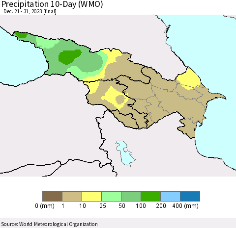 Azerbaijan, Armenia and Georgia Precipitation 10-Day (WMO) Thematic Map For 12/21/2023 - 12/31/2023