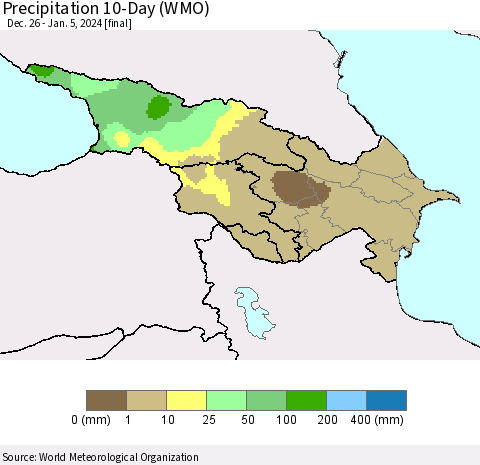 Azerbaijan, Armenia and Georgia Precipitation 10-Day (WMO) Thematic Map For 12/26/2023 - 1/5/2024