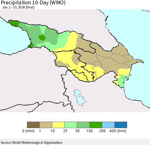 Azerbaijan, Armenia and Georgia Precipitation 10-Day (WMO) Thematic Map For 1/1/2024 - 1/10/2024