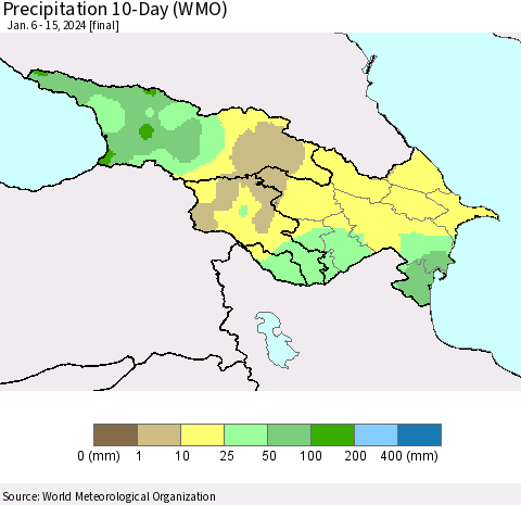 Azerbaijan, Armenia and Georgia Precipitation 10-Day (WMO) Thematic Map For 1/6/2024 - 1/15/2024