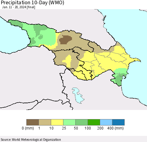 Azerbaijan, Armenia and Georgia Precipitation 10-Day (WMO) Thematic Map For 1/11/2024 - 1/20/2024