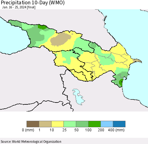 Azerbaijan, Armenia and Georgia Precipitation 10-Day (WMO) Thematic Map For 1/16/2024 - 1/25/2024