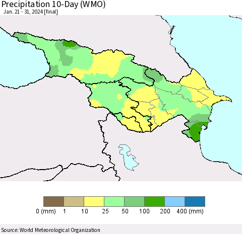 Azerbaijan, Armenia and Georgia Precipitation 10-Day (WMO) Thematic Map For 1/21/2024 - 1/31/2024