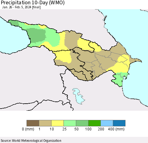 Azerbaijan, Armenia and Georgia Precipitation 10-Day (WMO) Thematic Map For 1/26/2024 - 2/5/2024