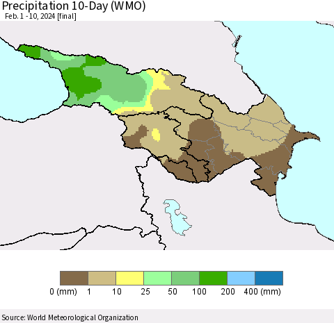 Azerbaijan, Armenia and Georgia Precipitation 10-Day (WMO) Thematic Map For 2/1/2024 - 2/10/2024