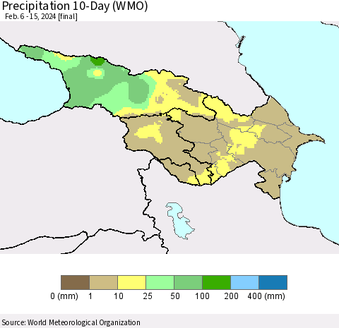 Azerbaijan, Armenia and Georgia Precipitation 10-Day (WMO) Thematic Map For 2/6/2024 - 2/15/2024