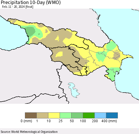 Azerbaijan, Armenia and Georgia Precipitation 10-Day (WMO) Thematic Map For 2/11/2024 - 2/20/2024