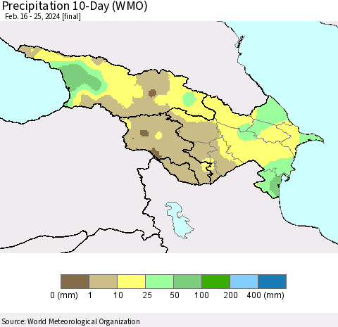 Azerbaijan, Armenia and Georgia Precipitation 10-Day (WMO) Thematic Map For 2/16/2024 - 2/25/2024