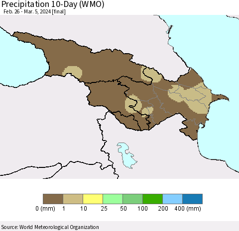 Azerbaijan, Armenia and Georgia Precipitation 10-Day (WMO) Thematic Map For 2/26/2024 - 3/5/2024