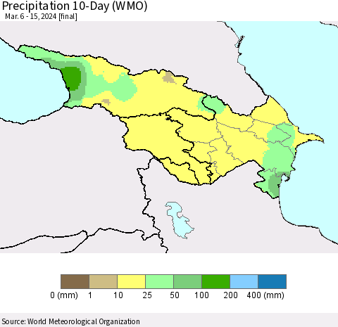 Azerbaijan, Armenia and Georgia Precipitation 10-Day (WMO) Thematic Map For 3/6/2024 - 3/15/2024