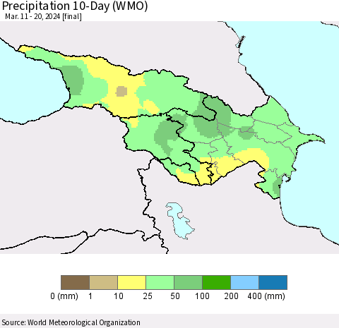 Azerbaijan, Armenia and Georgia Precipitation 10-Day (WMO) Thematic Map For 3/11/2024 - 3/20/2024