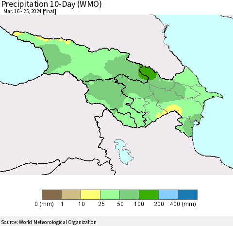 Azerbaijan, Armenia and Georgia Precipitation 10-Day (WMO) Thematic Map For 3/16/2024 - 3/25/2024