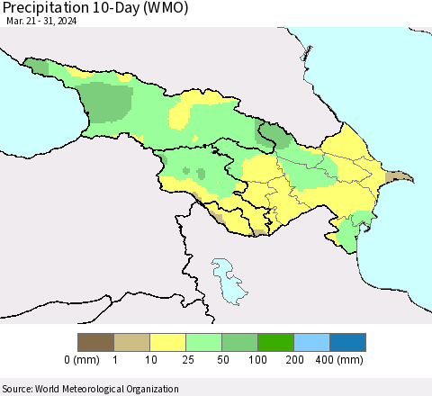 Azerbaijan, Armenia and Georgia Precipitation 10-Day (WMO) Thematic Map For 3/21/2024 - 3/31/2024