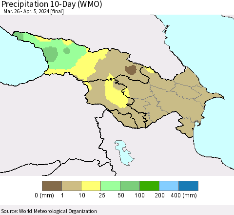 Azerbaijan, Armenia and Georgia Precipitation 10-Day (WMO) Thematic Map For 3/26/2024 - 4/5/2024