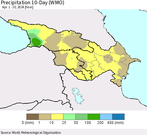 Azerbaijan, Armenia and Georgia Precipitation 10-Day (WMO) Thematic Map For 4/1/2024 - 4/10/2024