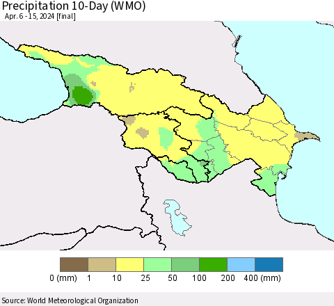 Azerbaijan, Armenia and Georgia Precipitation 10-Day (WMO) Thematic Map For 4/6/2024 - 4/15/2024
