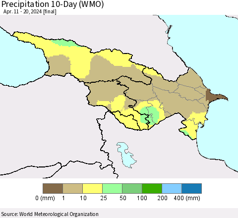 Azerbaijan, Armenia and Georgia Precipitation 10-Day (WMO) Thematic Map For 4/11/2024 - 4/20/2024