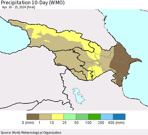 Azerbaijan, Armenia and Georgia Precipitation 10-Day (WMO) Thematic Map For 4/16/2024 - 4/25/2024