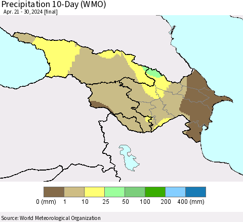 Azerbaijan, Armenia and Georgia Precipitation 10-Day (WMO) Thematic Map For 4/21/2024 - 4/30/2024