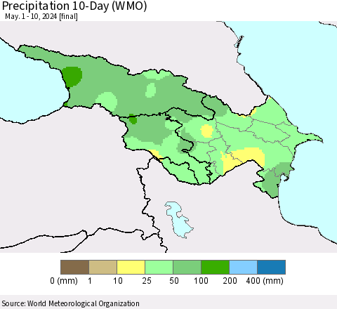 Azerbaijan, Armenia and Georgia Precipitation 10-Day (WMO) Thematic Map For 5/1/2024 - 5/10/2024