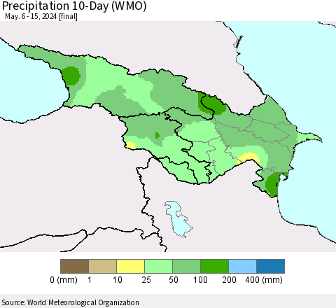Azerbaijan, Armenia and Georgia Precipitation 10-Day (WMO) Thematic Map For 5/6/2024 - 5/15/2024