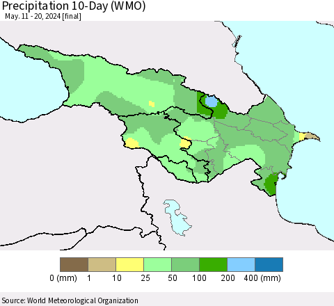 Azerbaijan, Armenia and Georgia Precipitation 10-Day (WMO) Thematic Map For 5/11/2024 - 5/20/2024
