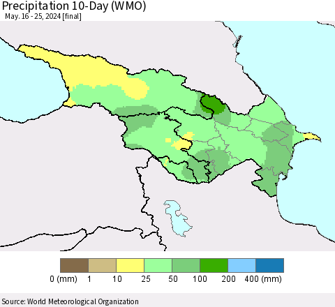 Azerbaijan, Armenia and Georgia Precipitation 10-Day (WMO) Thematic Map For 5/16/2024 - 5/25/2024