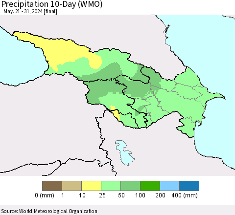 Azerbaijan, Armenia and Georgia Precipitation 10-Day (WMO) Thematic Map For 5/21/2024 - 5/31/2024