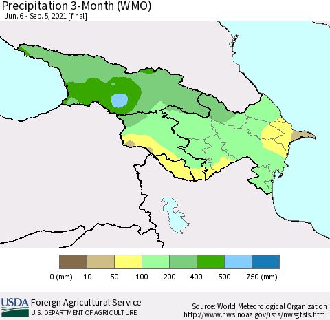 Azerbaijan, Armenia and Georgia Precipitation 3-Month (WMO) Thematic Map For 6/6/2021 - 9/5/2021