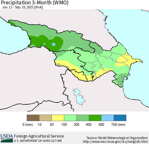 Azerbaijan, Armenia and Georgia Precipitation 3-Month (WMO) Thematic Map For 6/11/2021 - 9/10/2021