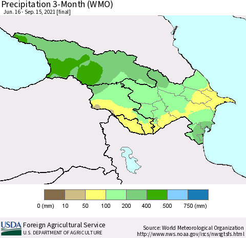 Azerbaijan, Armenia and Georgia Precipitation 3-Month (WMO) Thematic Map For 6/16/2021 - 9/15/2021
