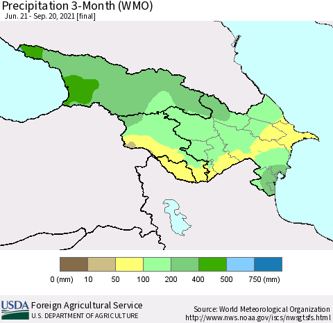 Azerbaijan, Armenia and Georgia Precipitation 3-Month (WMO) Thematic Map For 6/21/2021 - 9/20/2021