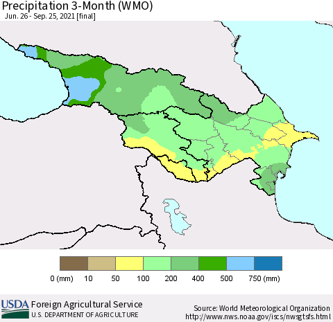Azerbaijan, Armenia and Georgia Precipitation 3-Month (WMO) Thematic Map For 6/26/2021 - 9/25/2021