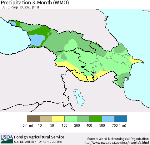 Azerbaijan, Armenia and Georgia Precipitation 3-Month (WMO) Thematic Map For 7/1/2021 - 9/30/2021