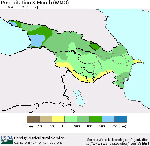Azerbaijan, Armenia and Georgia Precipitation 3-Month (WMO) Thematic Map For 7/6/2021 - 10/5/2021