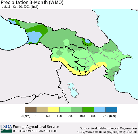 Azerbaijan, Armenia and Georgia Precipitation 3-Month (WMO) Thematic Map For 7/11/2021 - 10/10/2021