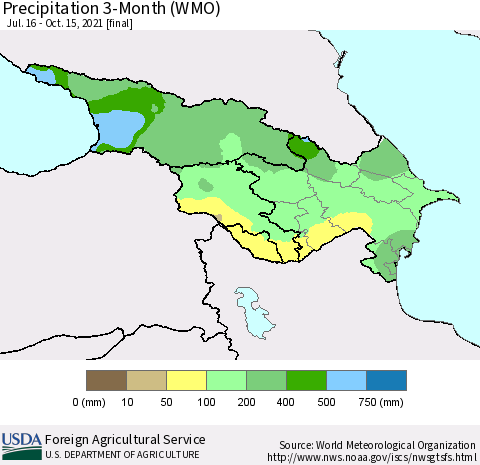 Azerbaijan, Armenia and Georgia Precipitation 3-Month (WMO) Thematic Map For 7/16/2021 - 10/15/2021
