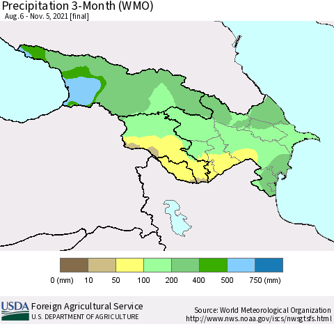 Azerbaijan, Armenia and Georgia Precipitation 3-Month (WMO) Thematic Map For 8/6/2021 - 11/5/2021