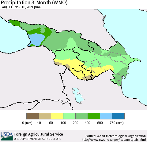 Azerbaijan, Armenia and Georgia Precipitation 3-Month (WMO) Thematic Map For 8/11/2021 - 11/10/2021