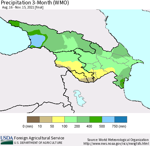 Azerbaijan, Armenia and Georgia Precipitation 3-Month (WMO) Thematic Map For 8/16/2021 - 11/15/2021