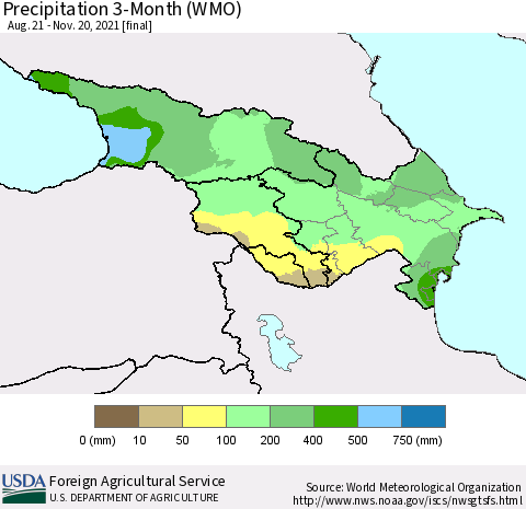 Azerbaijan, Armenia and Georgia Precipitation 3-Month (WMO) Thematic Map For 8/21/2021 - 11/20/2021