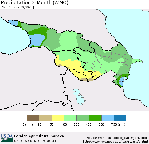 Azerbaijan, Armenia and Georgia Precipitation 3-Month (WMO) Thematic Map For 9/1/2021 - 11/30/2021