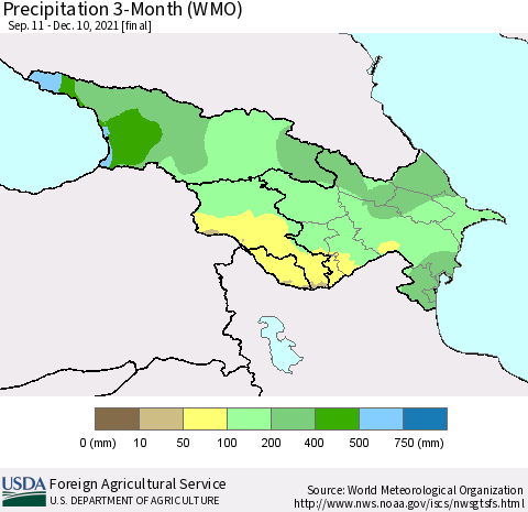 Azerbaijan, Armenia and Georgia Precipitation 3-Month (WMO) Thematic Map For 9/11/2021 - 12/10/2021