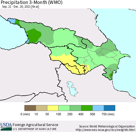 Azerbaijan, Armenia and Georgia Precipitation 3-Month (WMO) Thematic Map For 9/21/2021 - 12/20/2021