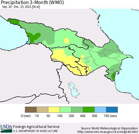 Azerbaijan, Armenia and Georgia Precipitation 3-Month (WMO) Thematic Map For 9/26/2021 - 12/25/2021