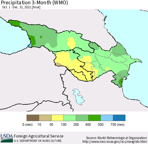 Azerbaijan, Armenia and Georgia Precipitation 3-Month (WMO) Thematic Map For 10/1/2021 - 12/31/2021