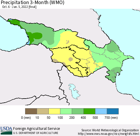 Azerbaijan, Armenia and Georgia Precipitation 3-Month (WMO) Thematic Map For 10/6/2021 - 1/5/2022