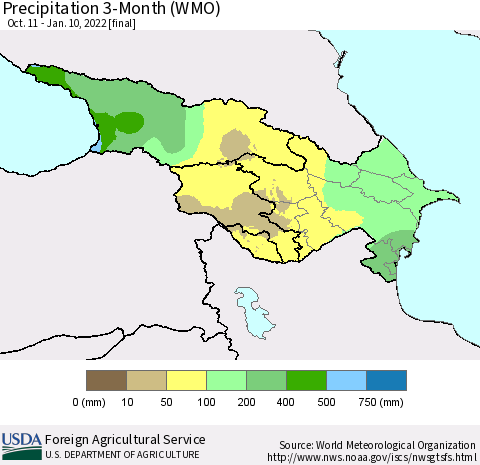 Azerbaijan, Armenia and Georgia Precipitation 3-Month (WMO) Thematic Map For 10/11/2021 - 1/10/2022