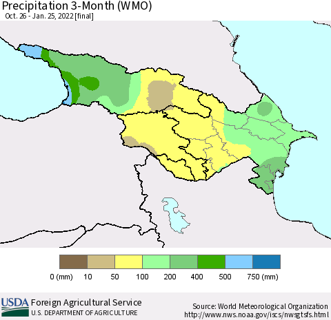 Azerbaijan, Armenia and Georgia Precipitation 3-Month (WMO) Thematic Map For 10/26/2021 - 1/25/2022